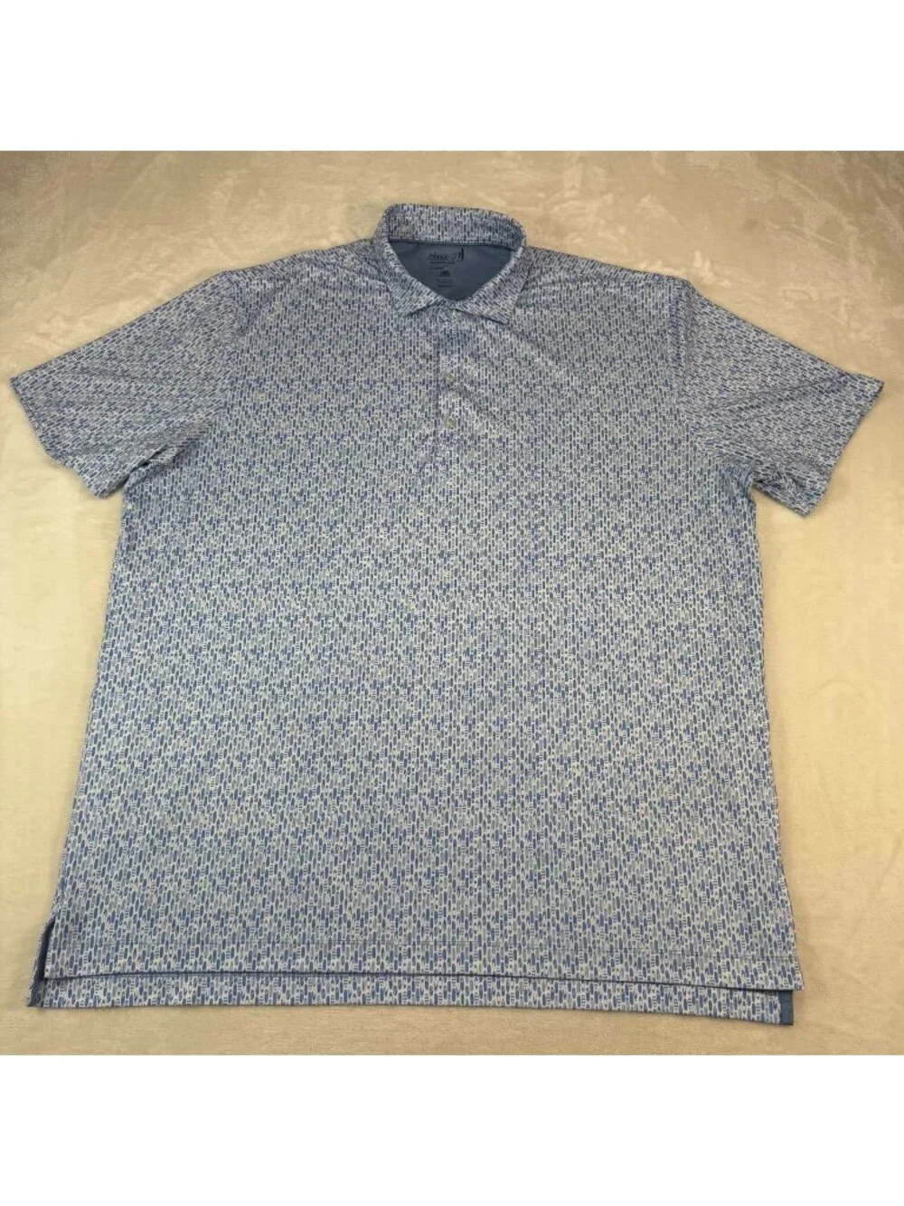 Johnnie O Performance Polo Shirt Blue White Surfboards UPF 50 Mens XL Golf Outd
